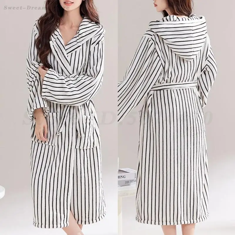 

Winter Flannel Nightgown Robe Female Hooded Striped Coral Fleece Bathrobe Kimono Sleepwear Thickened Warm Home Dress Loungewear