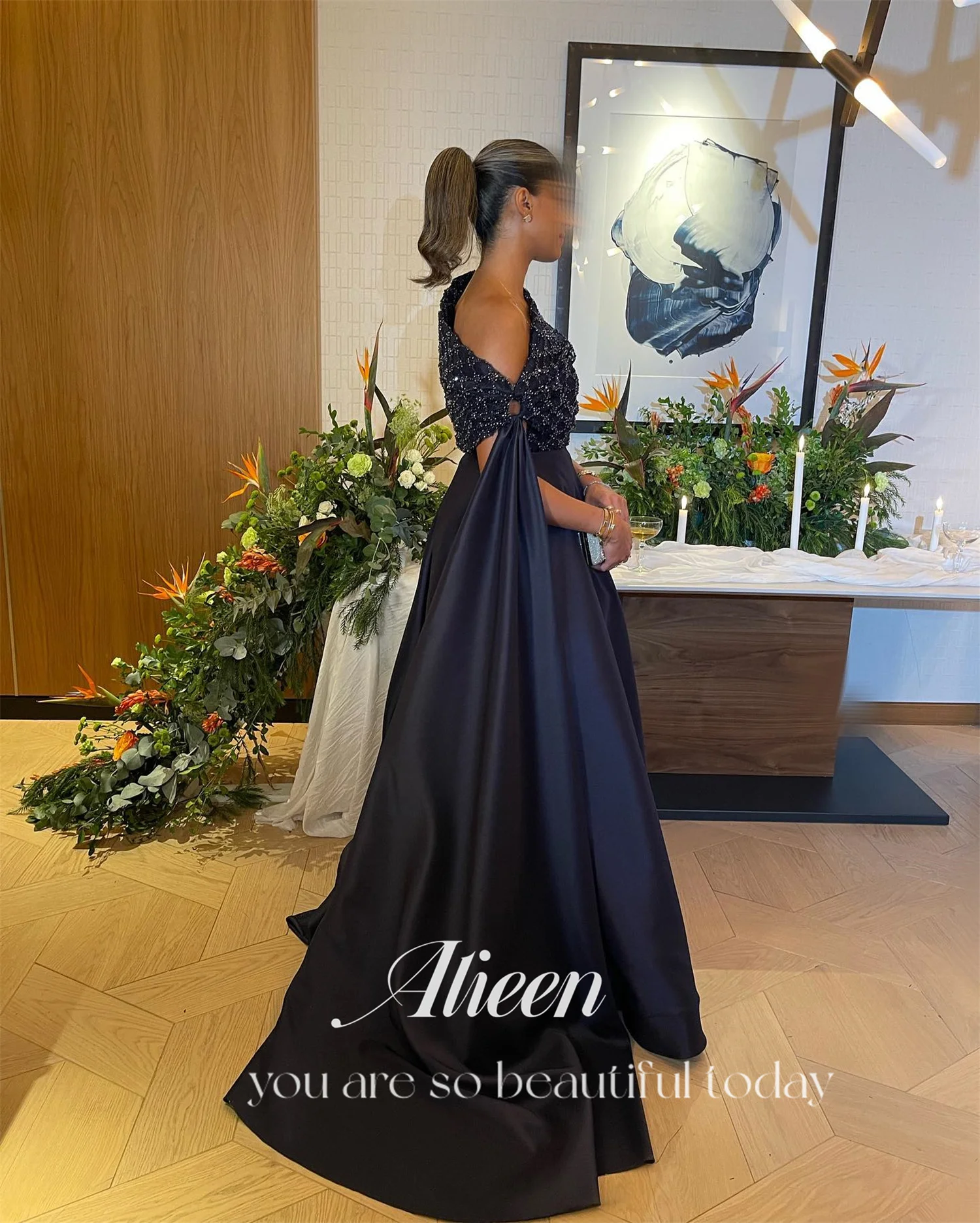 Aileen Marineblauw Satijn Aangepast Glanzend Nieuw in Jurken voor Speciale Gelegenheden Bruiloft Jurk Robe Soiree Elegante Jurken Prom