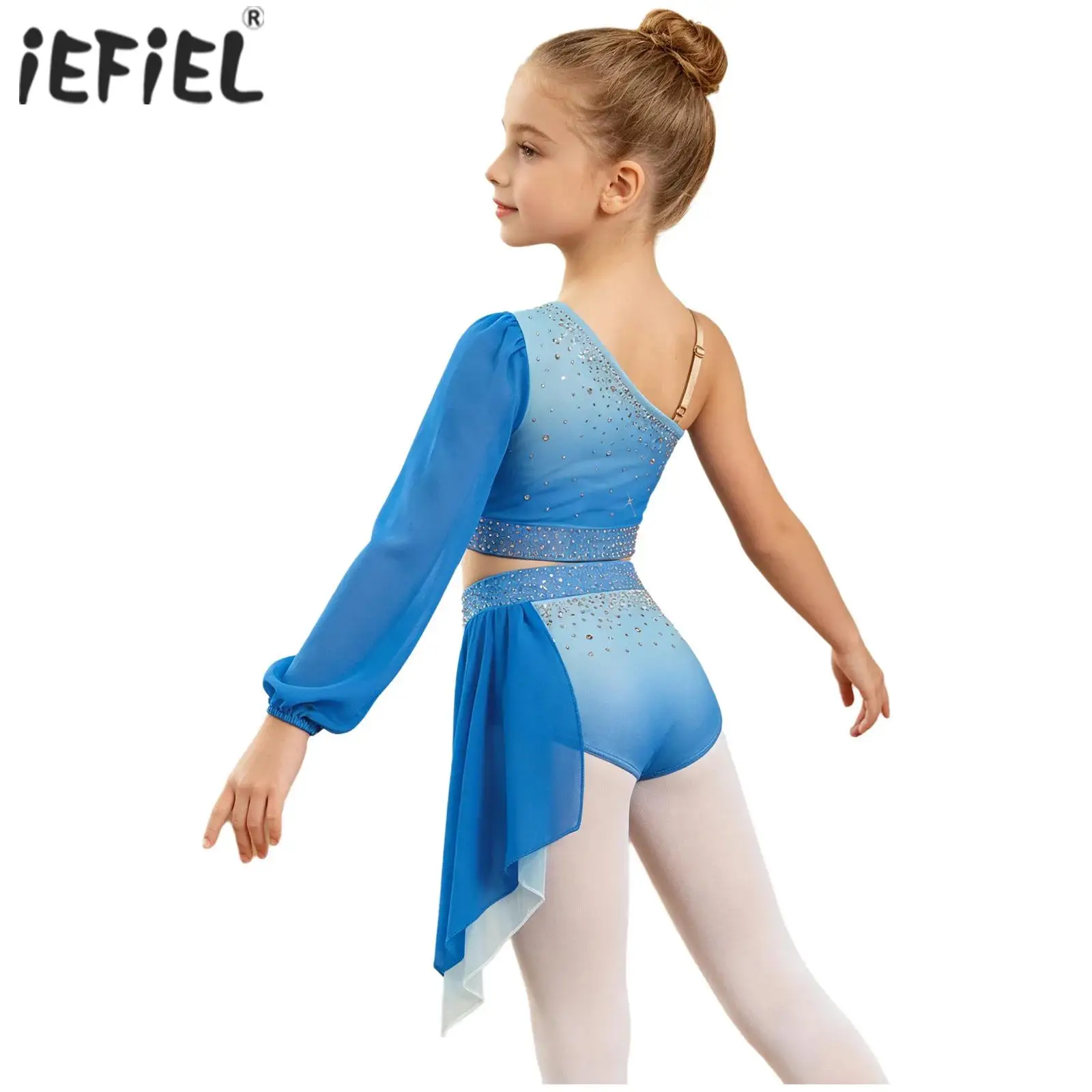 

Kids Girls Lyrical Dancewear Shiny Rhinestone Ballet Dance Competition Costume Long Puff Sleeve Crop Top with Draped Skirt