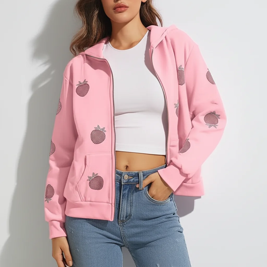 

New Zip Up Strawberry Graphic Print Loose Hoodie Women Oversized Fashion Jacket Hooded Vintage Harajuku Knit Leisure Clothing