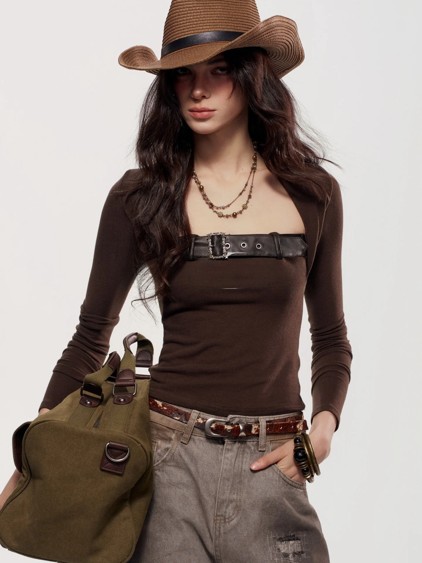 

Slimming Long Sleeve Square Collar T-Shirt Women's Inner Wear CHILL ZOEY Wild Crane Leather Buckle Base Shirt Fashionable Cas...