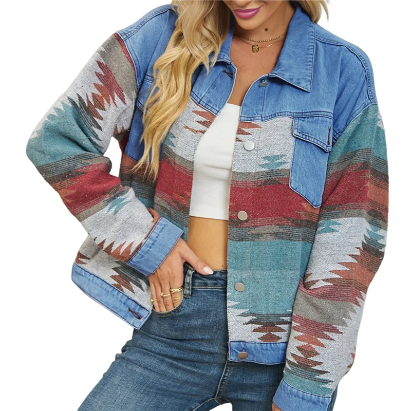 

Женская джинсовая укороченная куртка с цветными блоками, модная джинсовая куртка с лацканами и длинными рукавами в стиле ретро на пуговицах