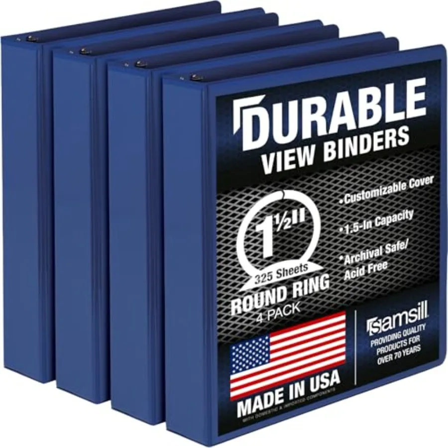 

4 Pack Durable 1.5 Inch 3 Ring Binders, Round Ring, Clear View Cover for Presentations