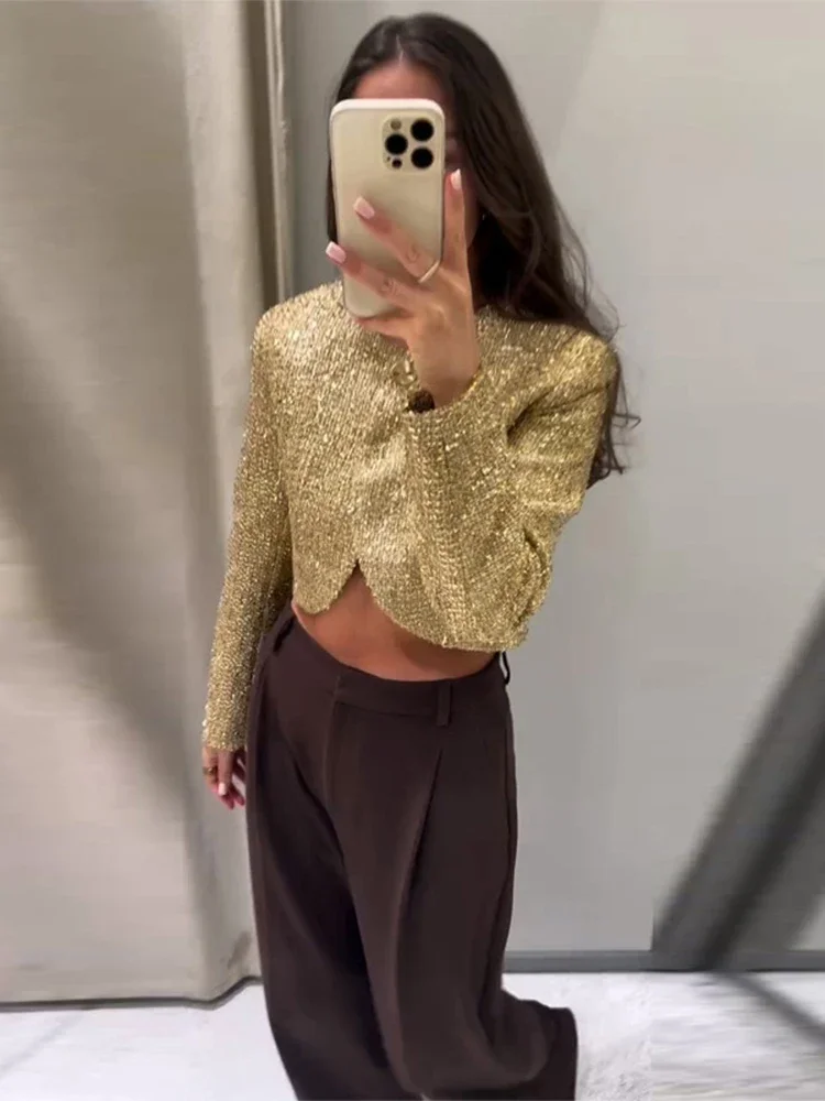 Golden Short O-neck Women's Jacket Single Button Full Sleeve Irregular Loose Spring Autumn High Street Fashion Casual Coat 2026