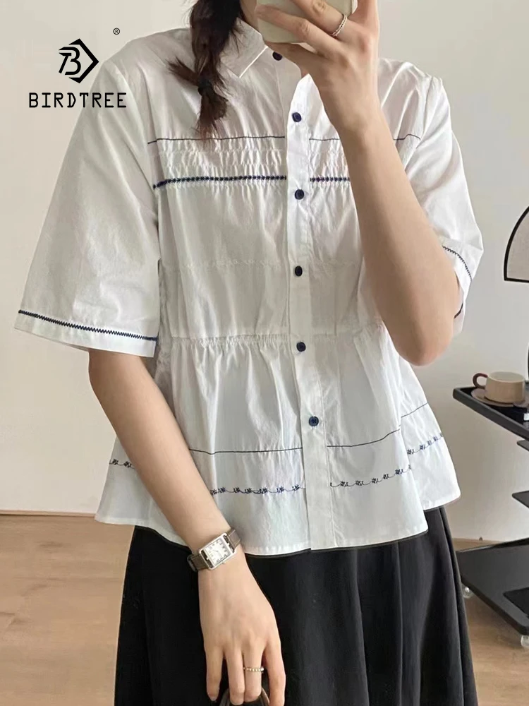 

New Spring Cotton Sweet Shirt Women Lapel Short Sleeve Blouse Girl Casual Fashion Appear Thin Commute Top 2024 Summer T453128QC