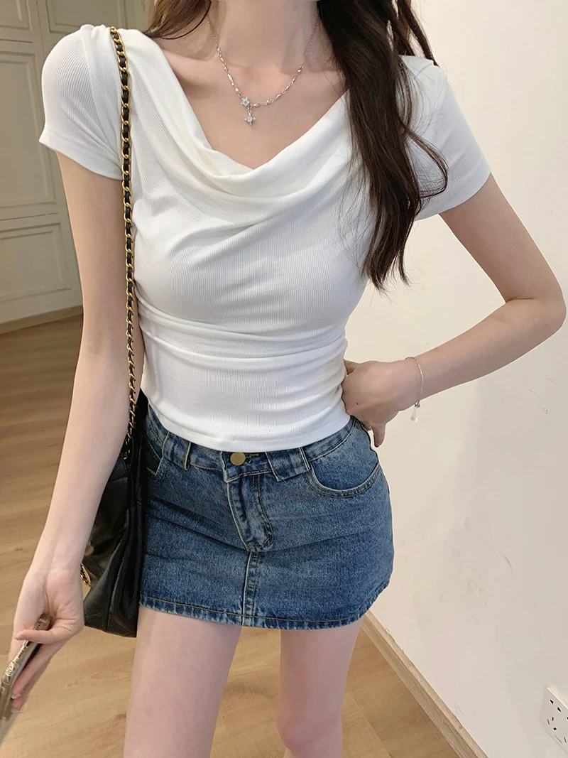 Short Sleeve T-shirt Thin 2024 Summer Irregular Saliva Collar Solid Color Women's Top
