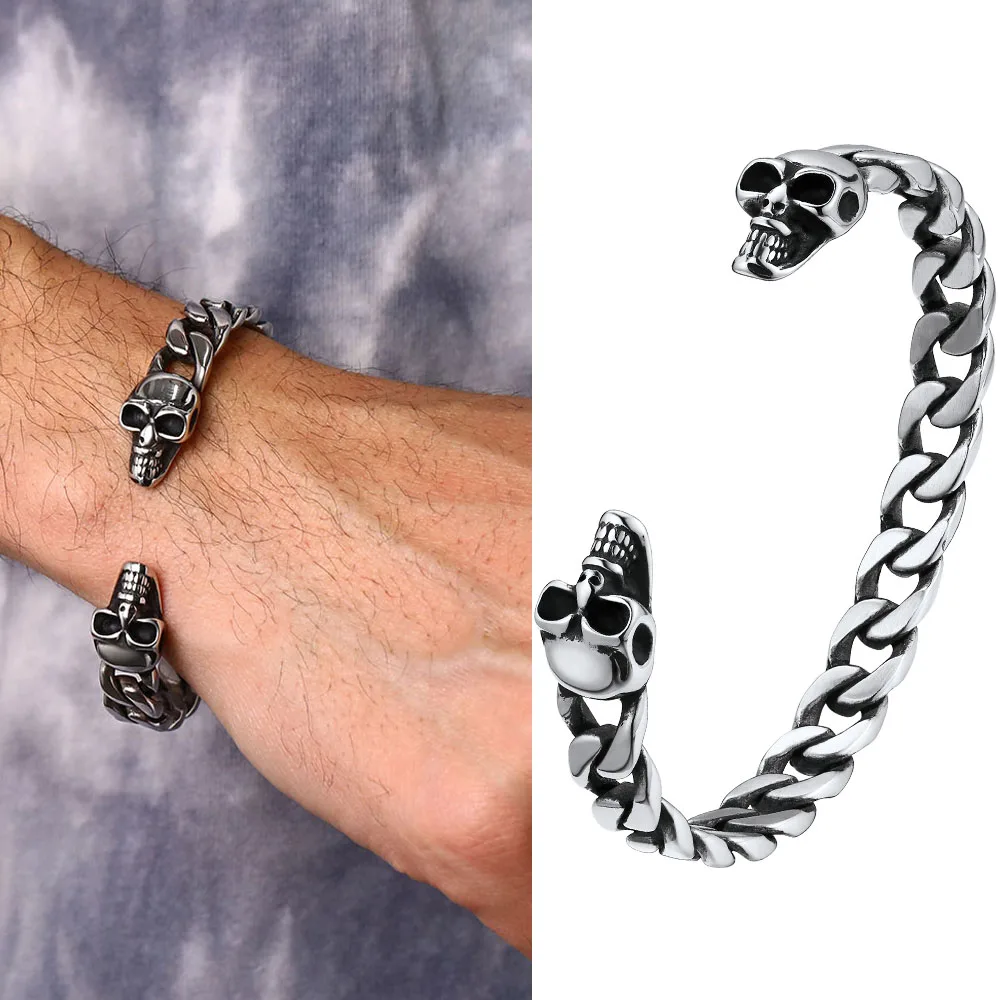 U7 Edelstahl Doppel Schädel Köpfe 9,5mm Kubanische Kette Manschette Offene Armreif Armbänder für Mann Frau Gohic Punk Unisex schmuck Gfit