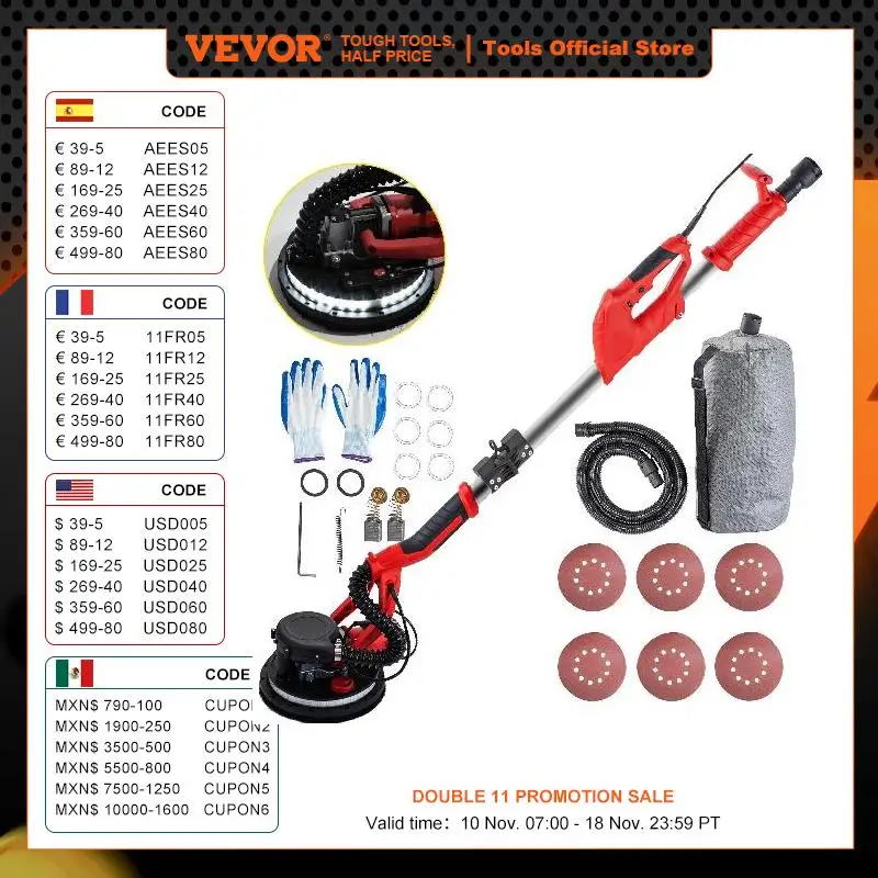 VEVOR Drywall Sander 850W Electric Variable Speed 800-1750 RPM Foldable Drywall Sander with Handle LED Strip Light Vacuum Bag