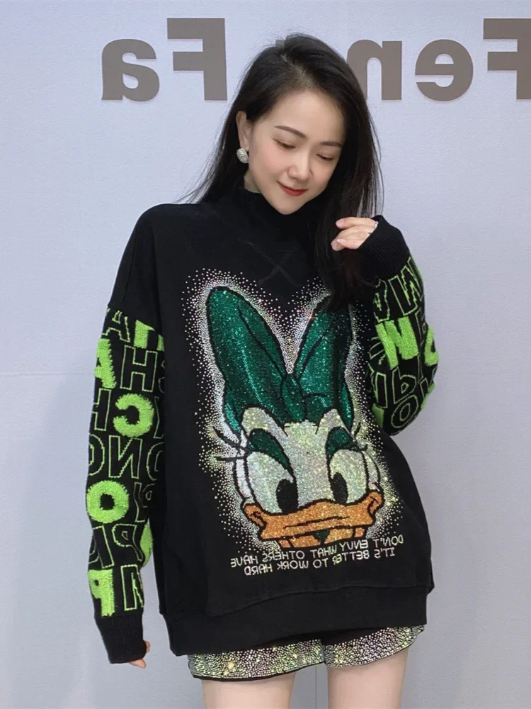 European Goods Heavy Industry Beaded Rhinestone Cartoon Long-sleeved Sweatshirts Women Autumn Winter 2024 New Loose Hoodie Coat