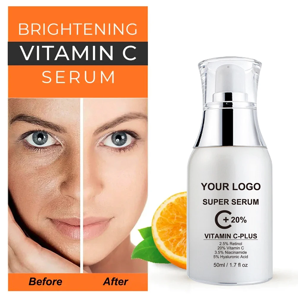 ฉลากส่วนตัว Vitamin C Face Serum โลโก้ที่กําหนดเอง 50ml VC Essence Original Liquid Face Skin Care ผลิตภัณฑ์ Moisturizer โลชั่นแต่งหน้า