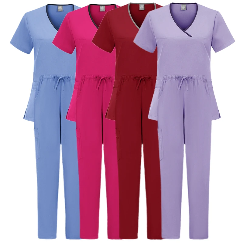 

Hospital Elastic Work Uniform Medical Scrubs Tops Nurse Uniform Blouse V-neck Short Sleeve Shirt Clinic Nursing Scrubs Pullovers