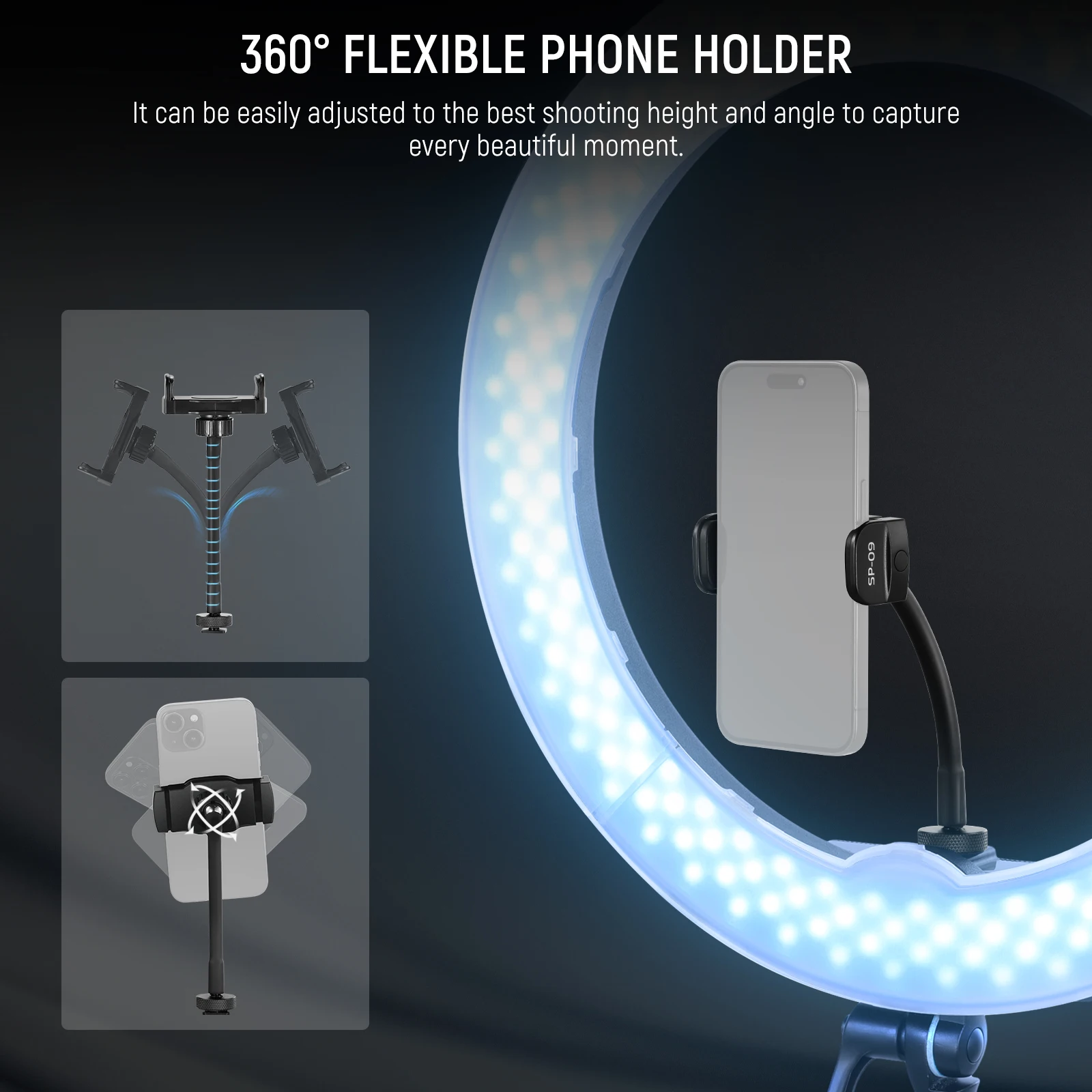 حامل هاتف مرن جديد مع حذاء بارد لإضاءة الفيديو LED لهاتف iPhone 15 Pro Max Galaxy S24 Ultra Huawei