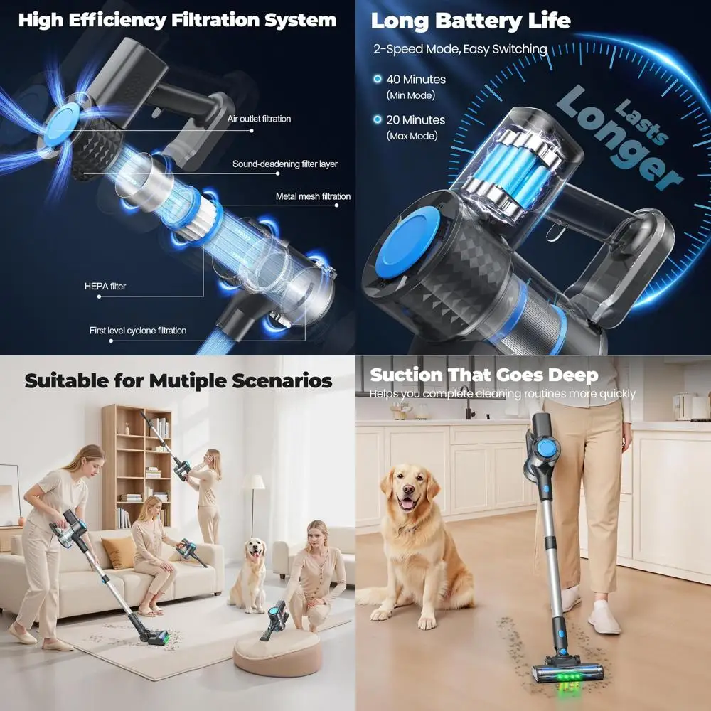 Powerful Lightweight Cordless Stick Vacuum Cleaner, Self-Standing, Anti-Tangle, 8-in-1 for Home and Pet Hair Removal on Hardwood