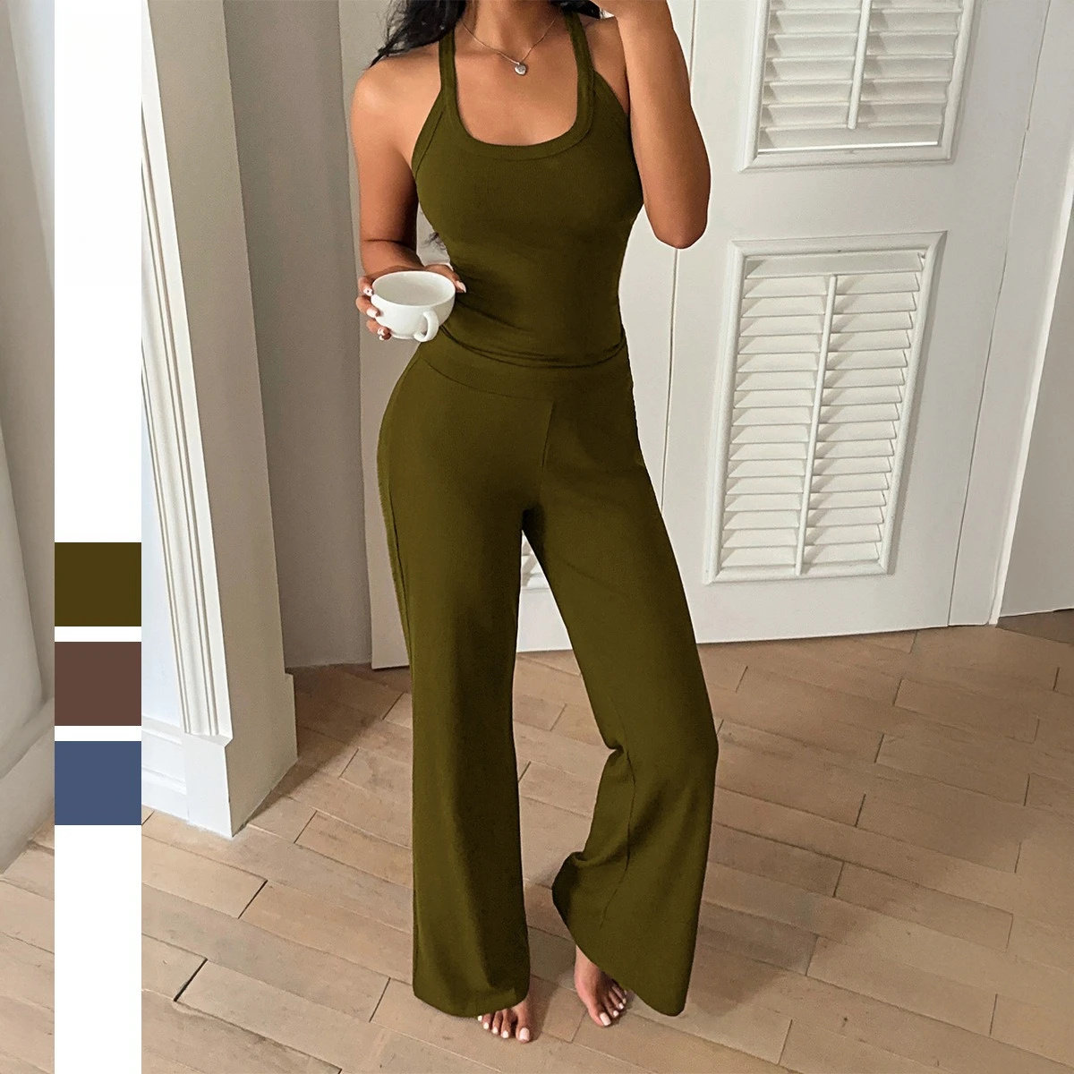 Women's Solid Color Sleeveless Cami Top and Wide Leg Pants Set Two Pieces Matching Outfit Casual Slim Fitting Suit