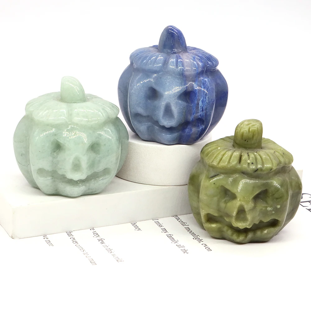 

1.5" Halloween Pumpkin Skull Face Natural Stone Carved Ghost Statue Healing Crystal Quartz Charms Home Room Decoration Supplies