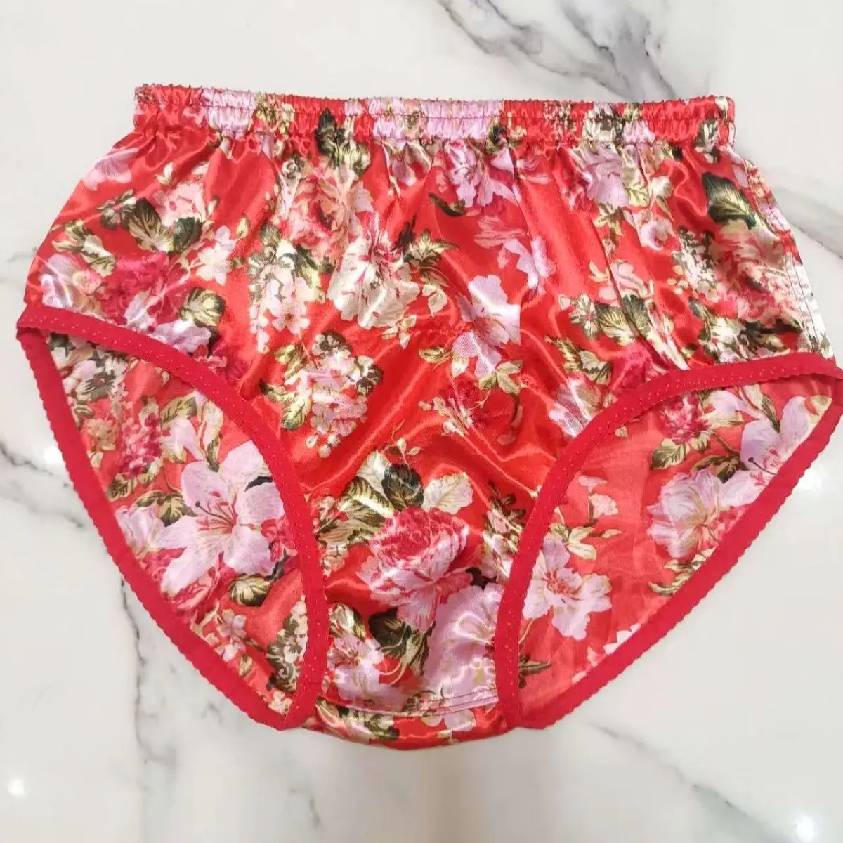 Men Briefs Handmade Single-Layer Glossy Ice Silk Satin Flower Panties Plus Size Underwear Women Sexy Lingerie