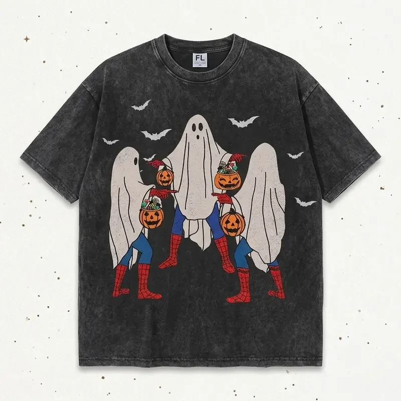 Unisex Menswear Loose Casual Soft Halloween T-Shirt - Vintage Washed Grunge Streetwear Short Sleeve Tee with Meme, Bedsheet Ghost, Pumpkin Bucket Graphics