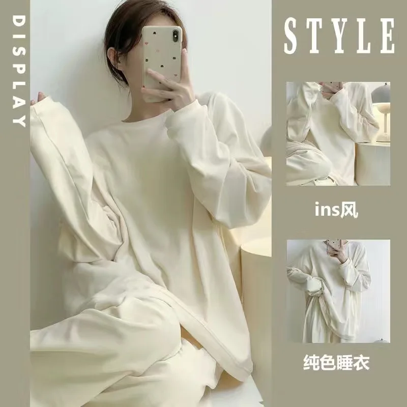 Two Sets Of Autumn And Winter New Solid-Coloured Women's Pajamas Round Neck Casual Homewear Suit Large Size Loose Homewear