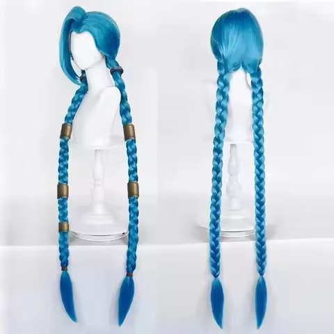 Anime LOL Jinx Cosplay Wig Long Braided Blue The Loose Cannon Wig with Blue Braid Heat Resistant Synthetic Hair Wigs