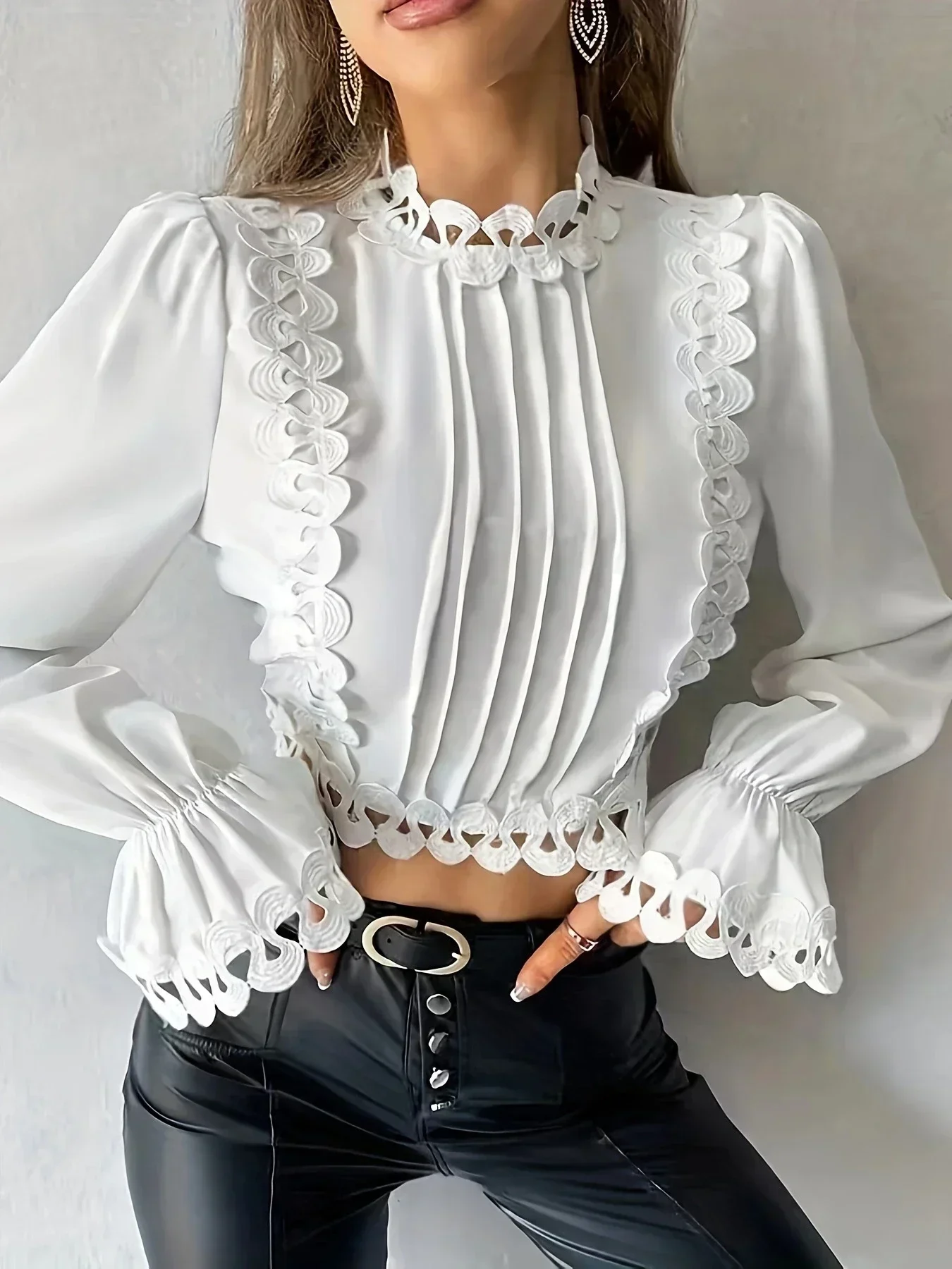 Plus Size 1XL-5XL Women's  Ruffle Spring Elegant Standing Neck Top Women's Trendy Popular Plus Size Sleeves Top Clothing