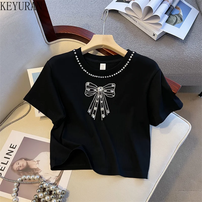 2024 New Summer Cotton Bow Diamonds T-shirt Women Japanese Streetwear Harajuku Kawaii Casual Crop Tops Sweet Girls Woman Tshirts