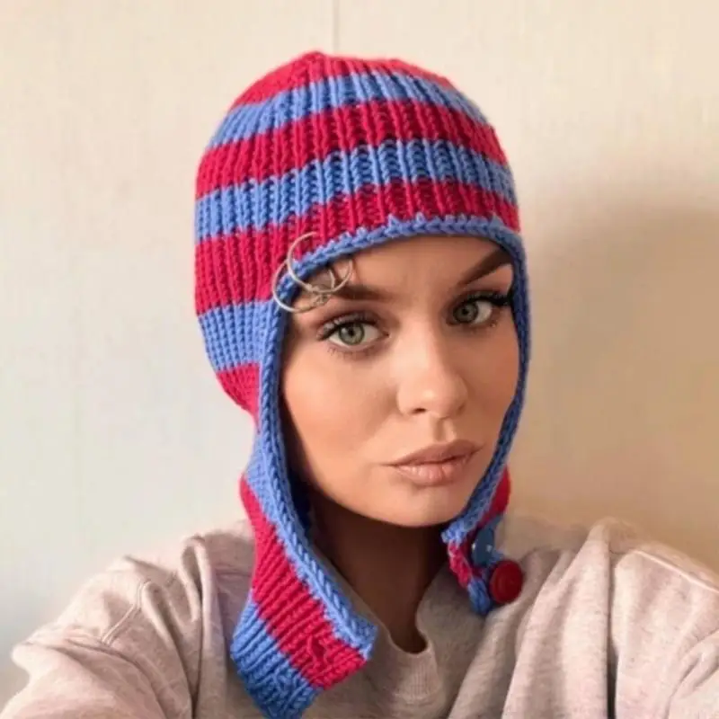 

F19F Versatile Hooded Hat Knitted Hat Balaclava Striped Beanie Keep Warm Outdoor
