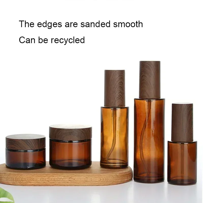 3PCS 20/30/50ml Amber Glass Lotion Pump Press Bottles Refillable Soap Dispenser Containers with Wood Color Cap for Cosmetics