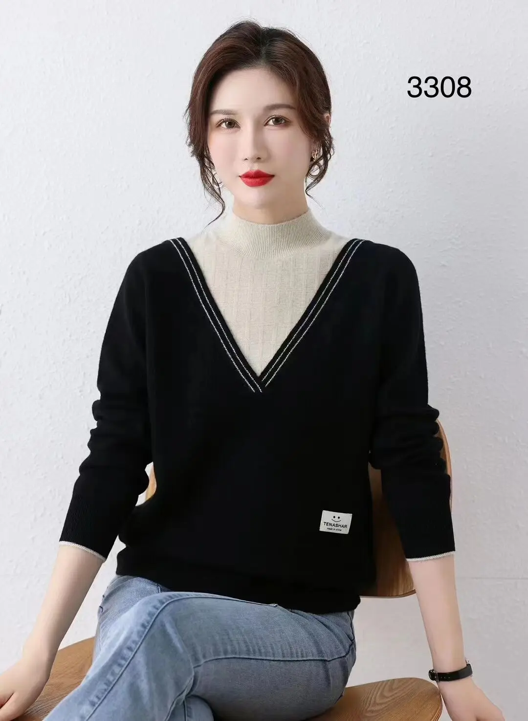 Top Quality Pure 100% Sheep Wool Sweaters Women Autumn & Winter Cashmere Clothes Ladies Patchwork Warm Pullovers Sweaters