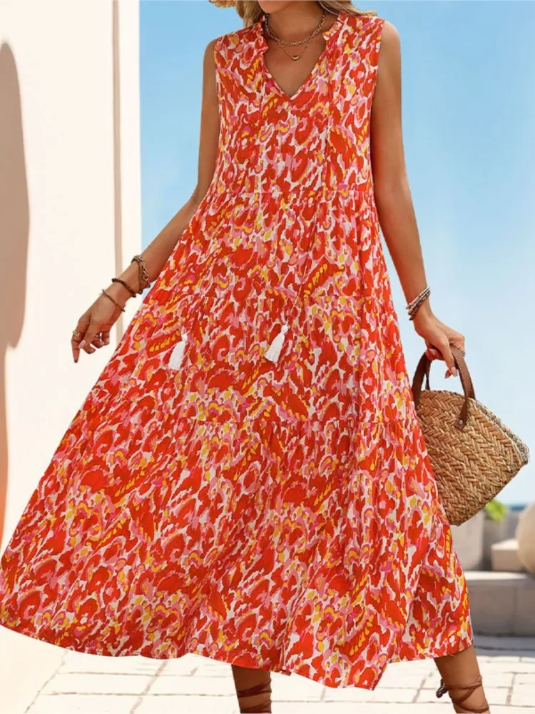

Women's Casual Sleeveless Dress New Spring Summer Vacation Style Mid-waist Fashion V-neck Tassel Abstract Print Loose Dresses