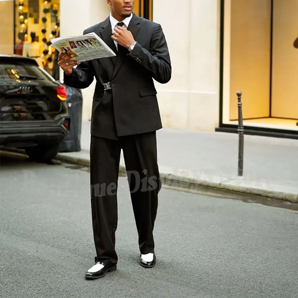 黒のノッチドラペルメンズスーツツーピースハイストリートファッション衣装紳士新郎結婚式セットオーダーメイドジャケットパンツ