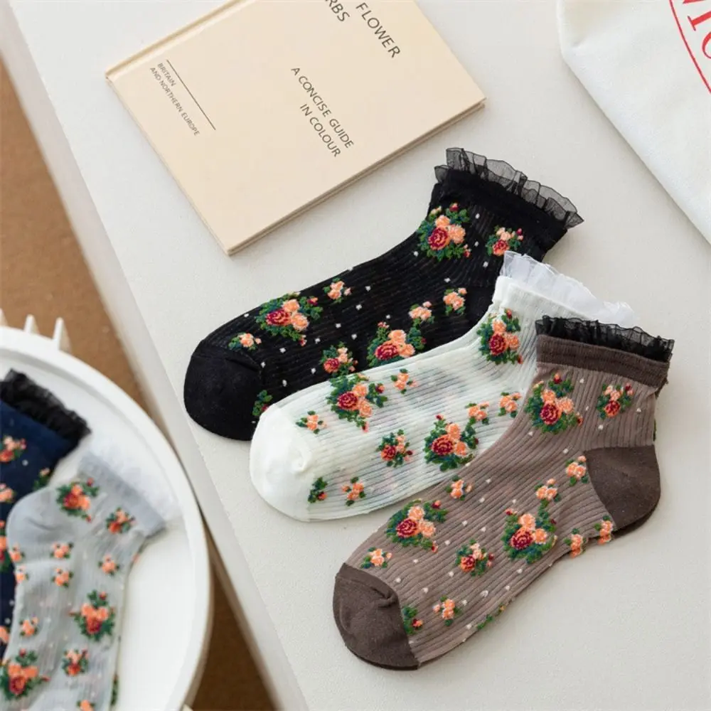 Floral Element Crystal Silk Socks Anti-Friction Foot Sweat Absorbing Floral Embroidery Sock Ultra-thin Breathable Floral Element