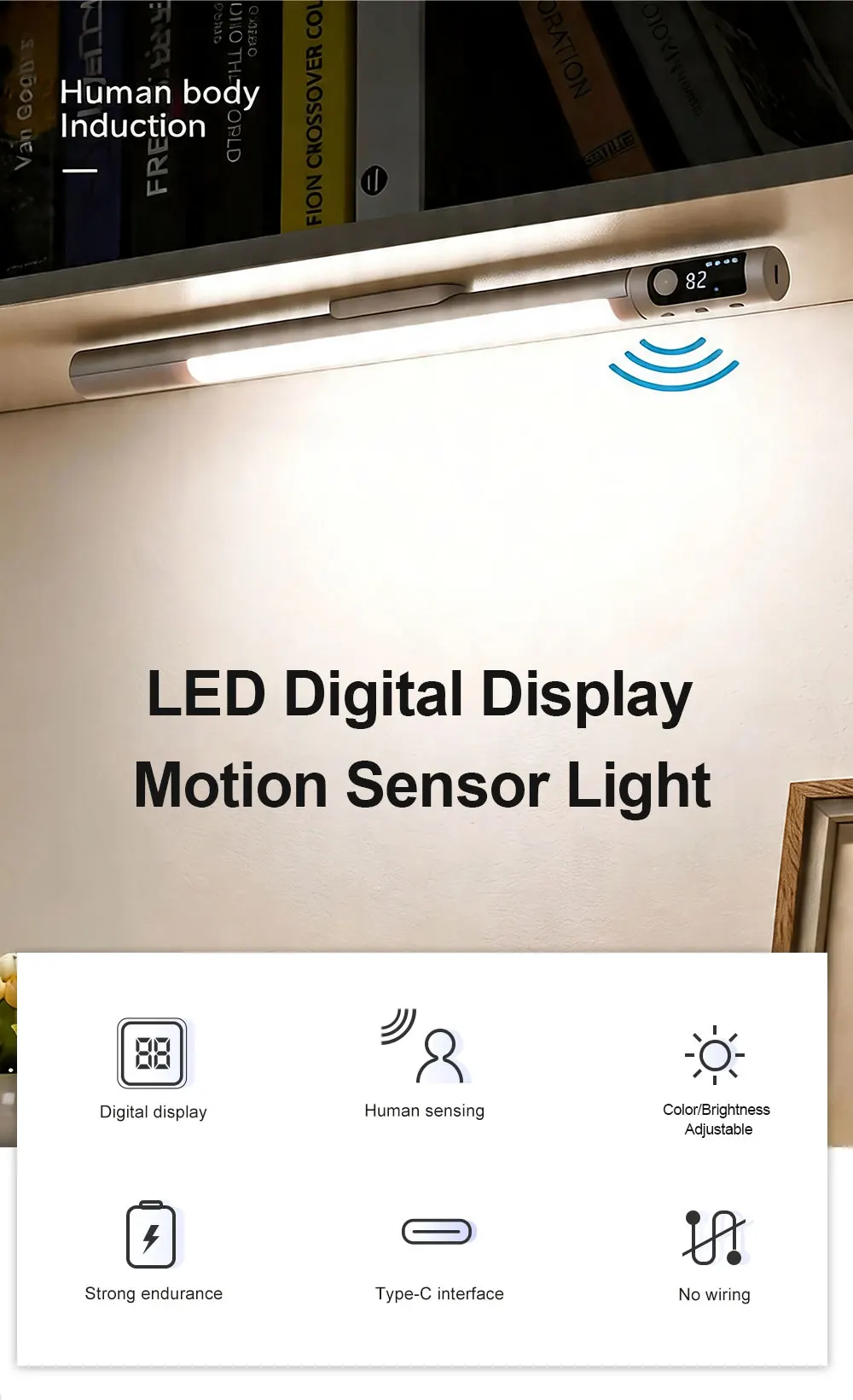 LED Digital Display Motion Sensor Night Light Type C Rechargeable Closet Light Magnetic Sensor Lamp For Cabinet Kitchen Lighting