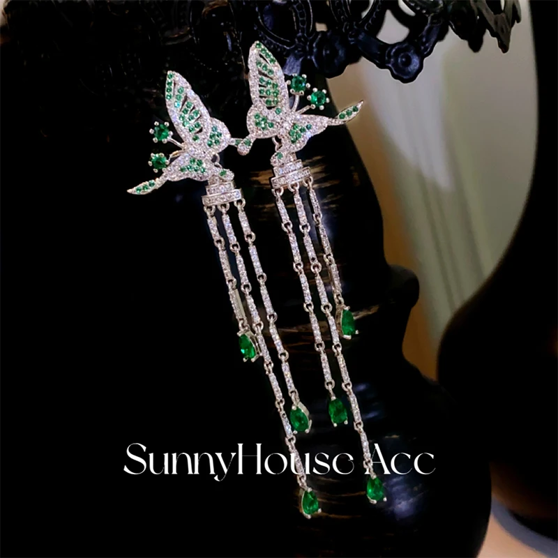 Long Tassel Drop Earrings for Women Palace Created Emerald Butterfly Fine Jewelry 925 Silver Needle Fashion Party Accessories