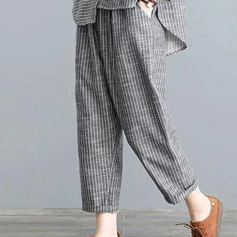 Spring Summer Ladies Suits Women Turn-down Collar Long Sleeve Button Patchwork Shirt Elastic Waist Striped Pockets Haren Pants