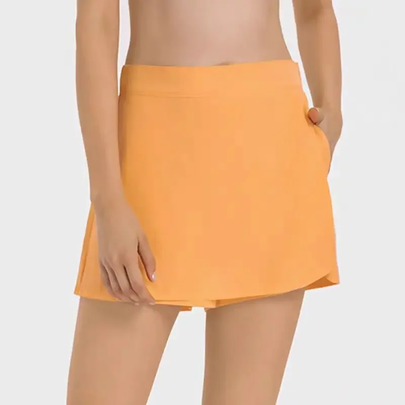 Lemon-pantalones cortos de cintura alta para mujer, falda tejida ligera, sensación fresca, pantalones cortos de Yoga con bolsillo de abertura lateral