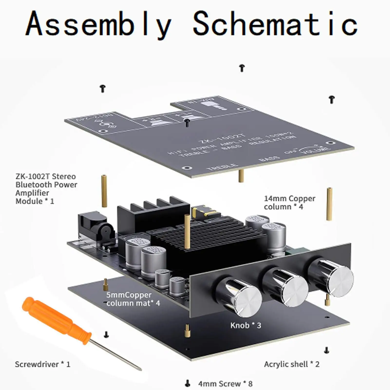 Dual Channel Power Amplifier 100W x 2, BT 5.0 Sound Module, DC 12-24V, ZK-1002T High Power Amplifier Board