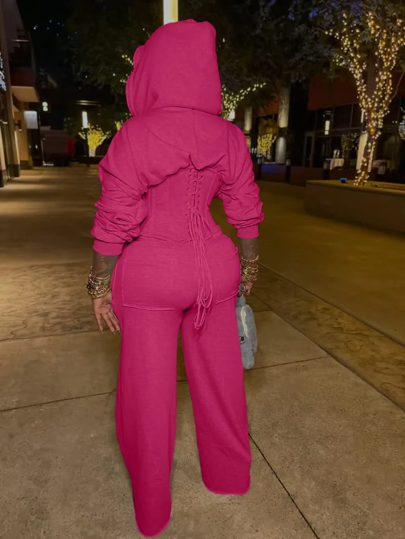 KEXU أزياء المرأة عودة الدانتيل متابعة مقنعين أعلى والسراويل الطويلة مجموعات الخريف عارضة الشارع قطعتين مجموعة