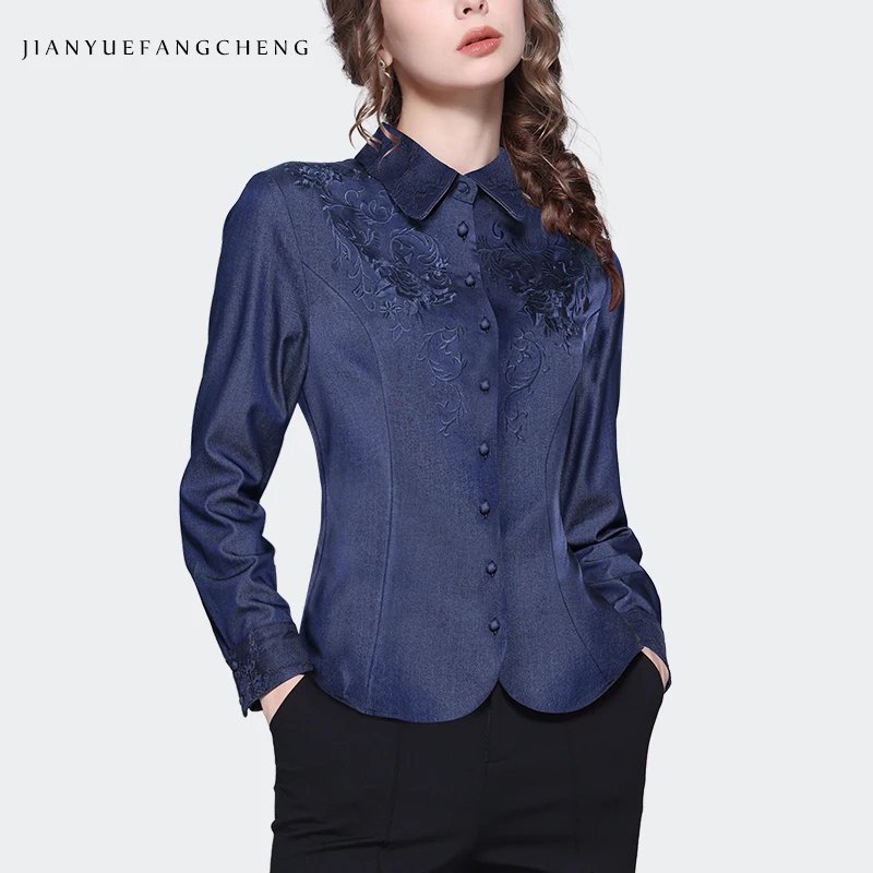 Vintage Embroidered Women Blue Denim Cloth Shirt 2023 Autumn Long Sleeve Turn-down Collar Ladies Blouse Elegant Slim Button Tops