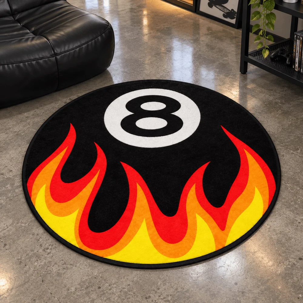 Flaming 8 Ball Shaped Rug Retro Billiards Floor Mat for Game Room Bedroom Living Room Dorm Man Cave Cool Home Decor Gift Idea