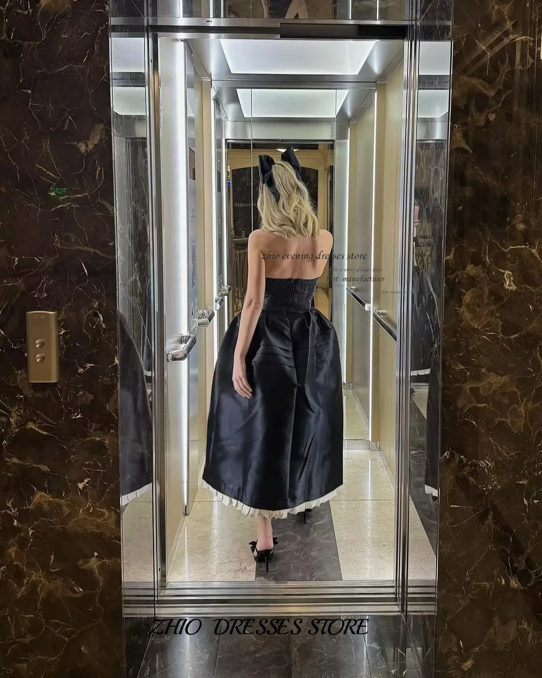 فستان سهرة أنيق مخصص من ZHIO من الساتان الأسود بدون حمالات بخصر منظم فستان رسمي لحفلات الحفلات والولائم على طراز المال القديم