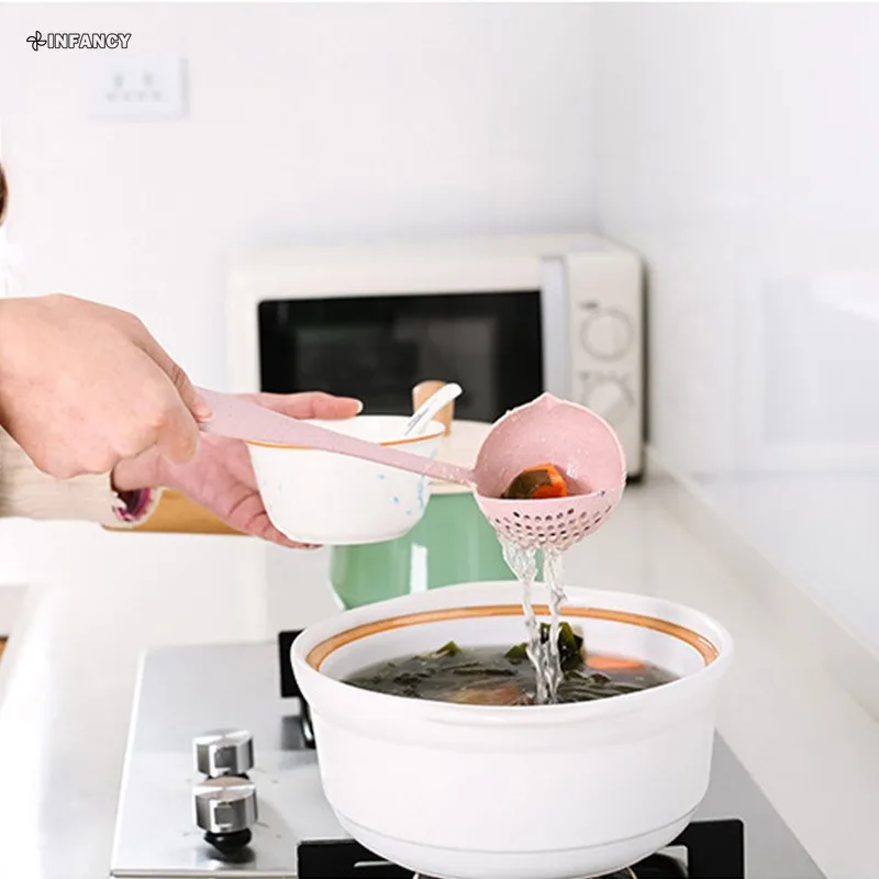 Kitchen Soup Spoon Long Handle Kitchen Strainer Solid Color Cooking Colander Kitchen Scoop Plastic Tableware Colander Hot