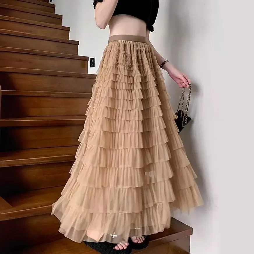 New Style High-waisted Layered Cake Skirt For Women Medium-length Gossamer Tulle Sweep Train Elegant Female Dance Floor Gown