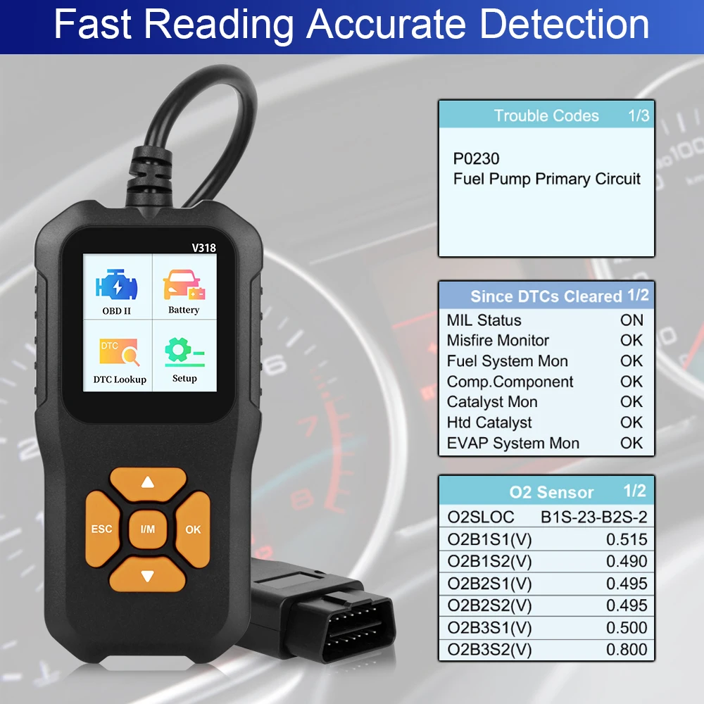 Czytnik kodów V318 Odczyt informacji pojazdu Narzędzie diagnostyczne samochodu Skaner OBD2 Tester akumulatora Sprawdź system silnika Wielojęzyczny