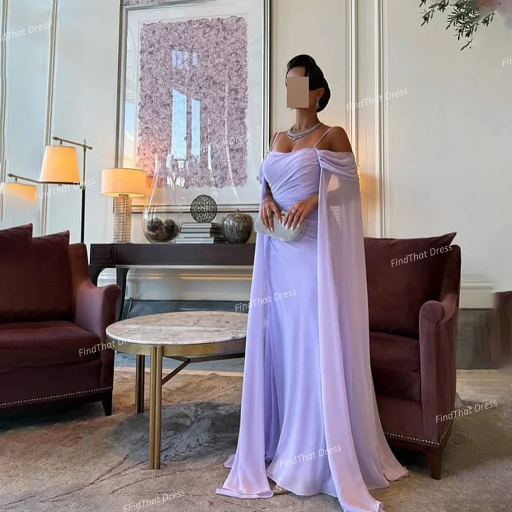 

Custom Made Flowing Spaghetti Strap Pleated Sheath Backless Cape Evening Dress Long Saudi Dress with Court فساتين سهره