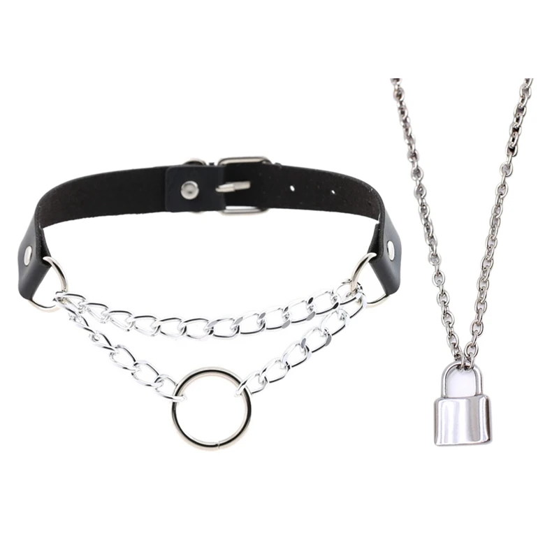 2 Pcs Padlock Pendant Necklace Rolo Cable Chain Necklace Collar Choker Necklace 45Cm - Black & Silver Color