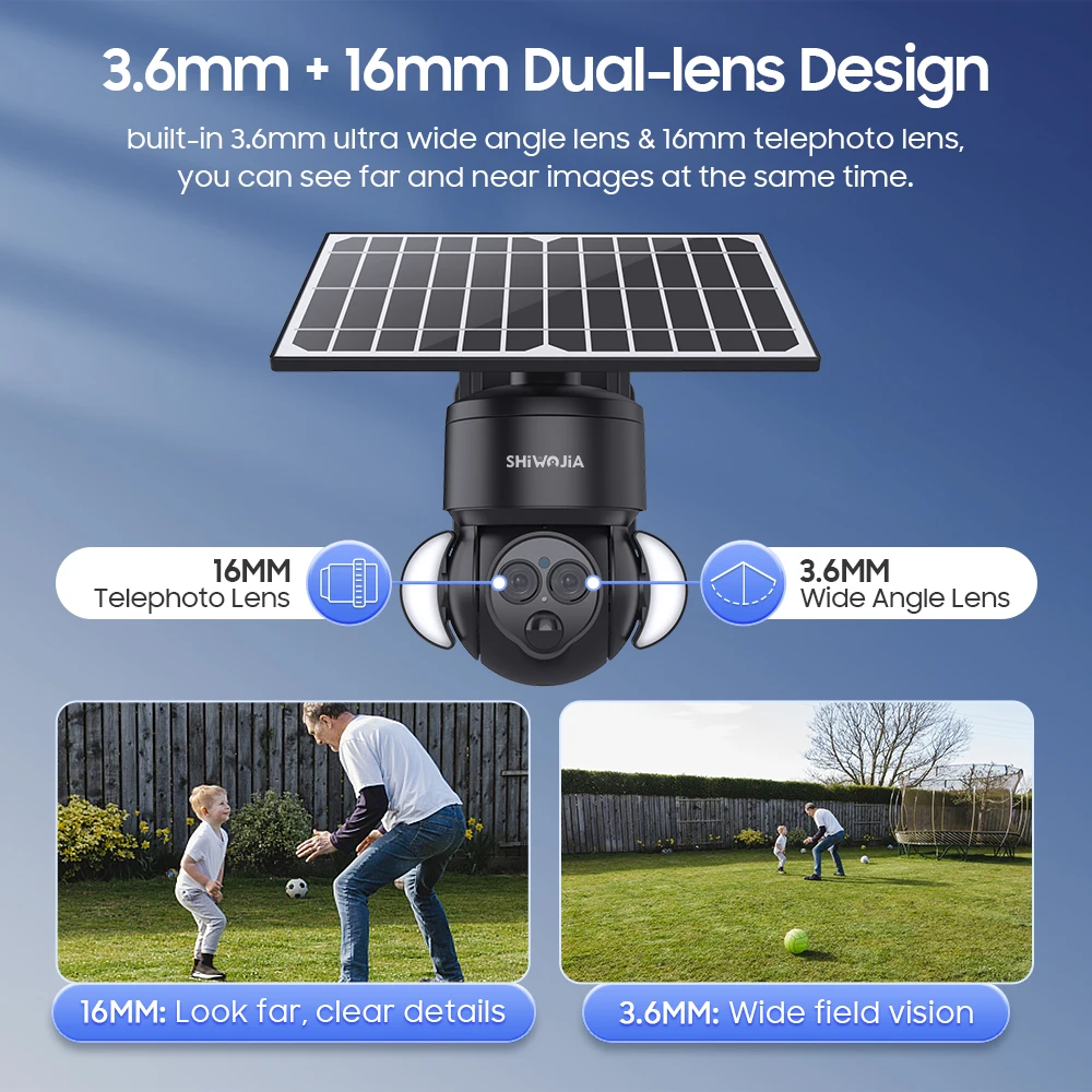 SHIWOJIA 6MP Solar Camera 4G Sim Card Outdoor 12X ZOOM PIR Human Detection Solar Battery Security Camera CCTV Video Surveillance