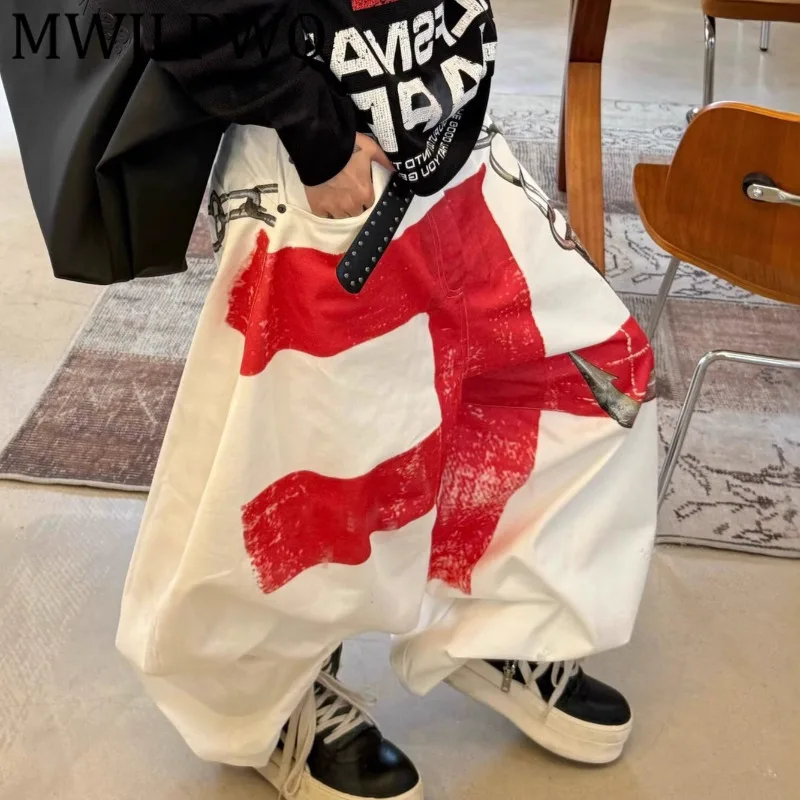 

MWJLPWQ мужские джинсы в американском стиле больших размеров с принтом граффити, уличные уникальные лоскутные повседневные брюки унисекс длиной до пола 12332