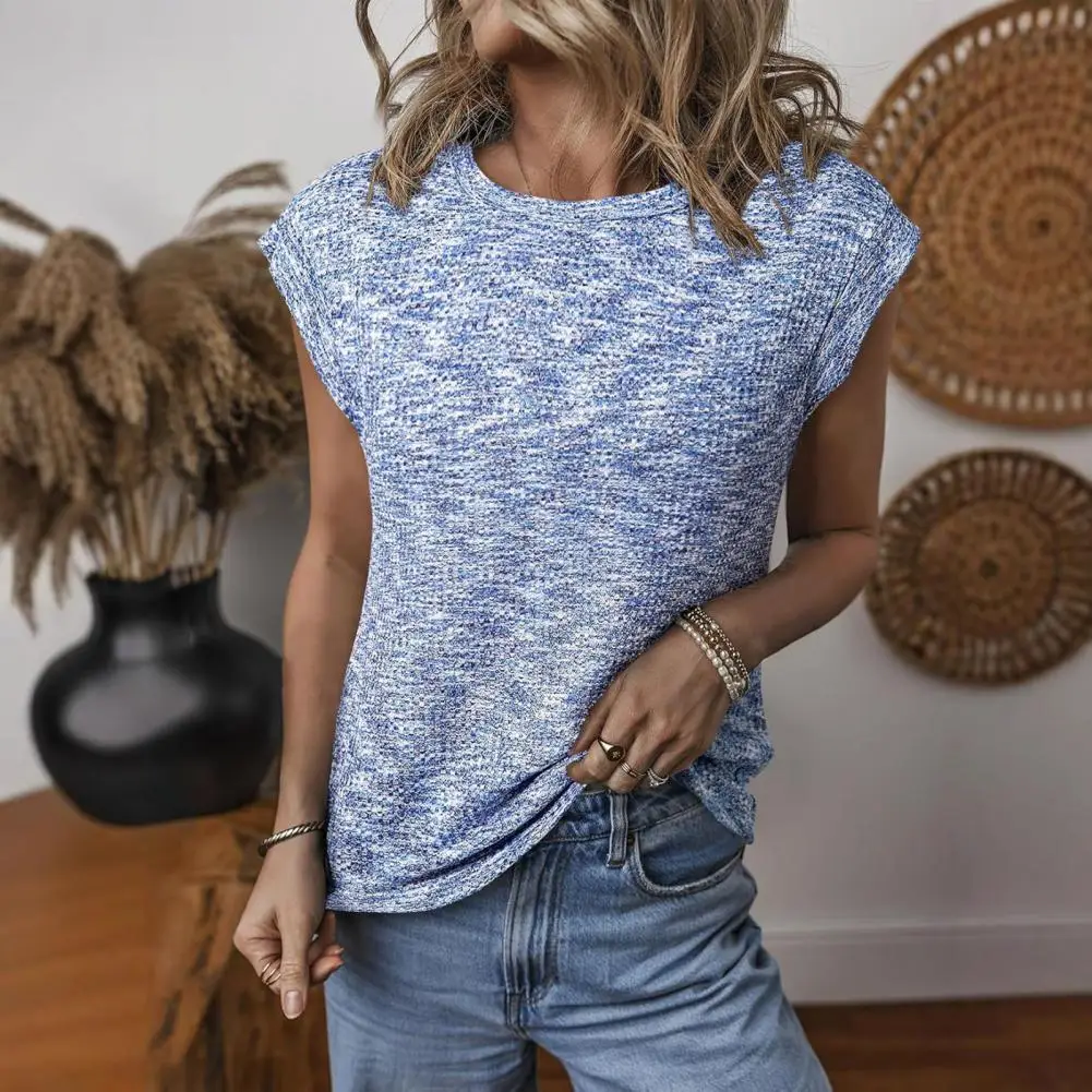 

Knitted Design T-shirt Women Tops Round Neck Short Sleeves Waffle Texture T-shirt Pure Color Loose Fit Knitted Tops Daily Casual