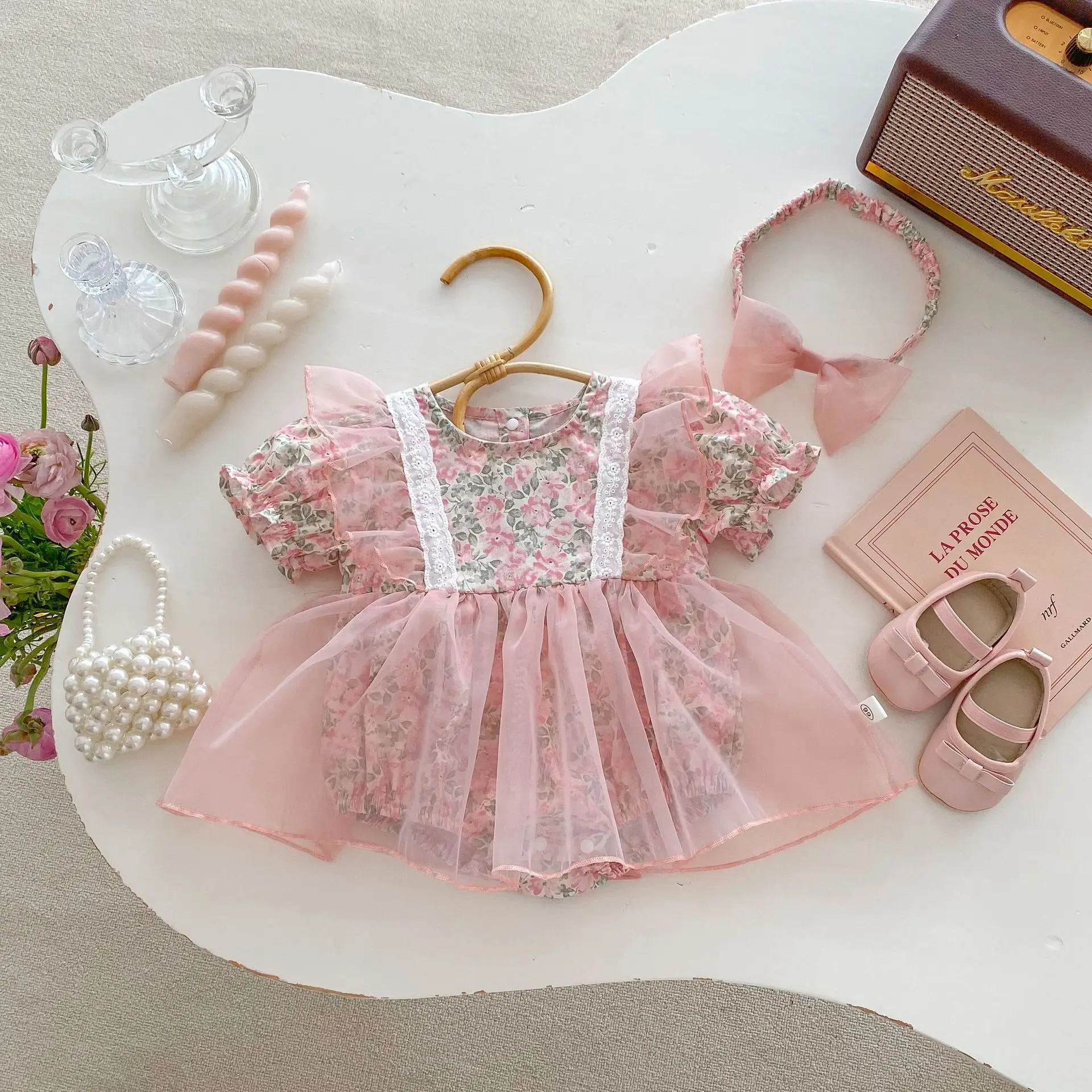 

Rompers Baby Fragmented Flowers Summer Baby Mesh Yarn Lace Printing Round Collar Simple Sweet 2024 Baby Clothing