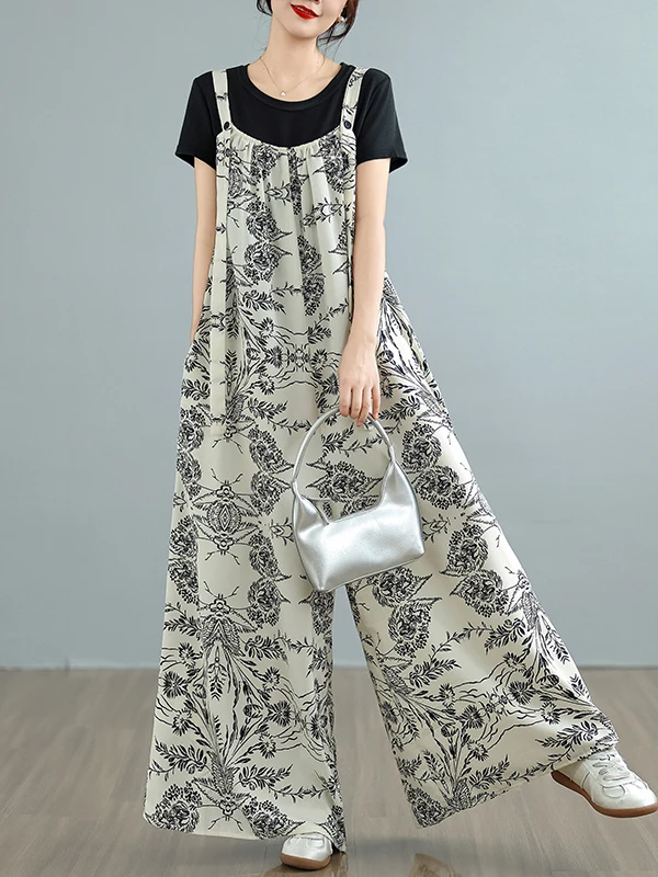 سروال نسائي فضفاض عتيق واسع الساق كاجوال صيفي مطبوع للتخسيس عالي القطع سروال كاجوال للنساء